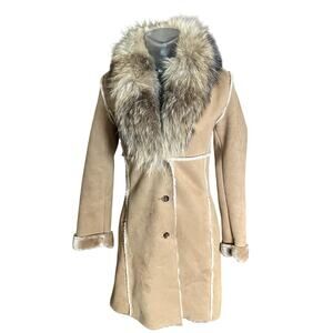 Vintage CACHE Penny Lane Coat w Raccoon Fur Trim Size XS 90s Y2K Beige Jacket